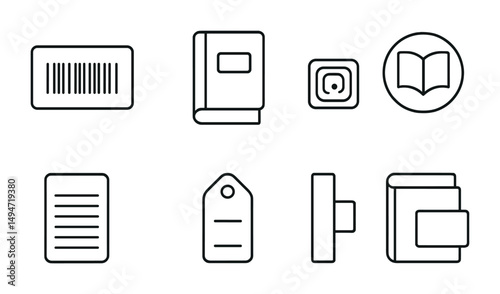 Barcode and book outline icons set – linear, document, scanning and reading symbols
