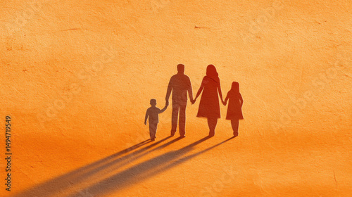 A family of four is walking together on a sandy beach