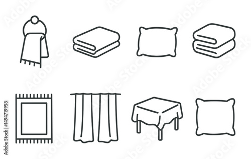 Home decor outline icons set – line, silhouette, furnishing and textile symbols