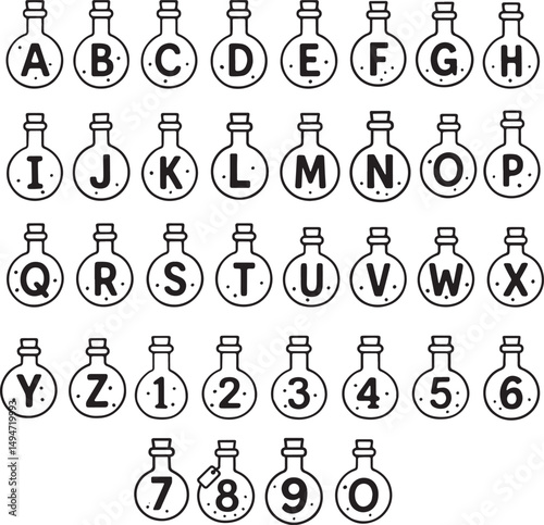 Potion poison bottles  typography font lettering ABC cartoon vector text for halloween