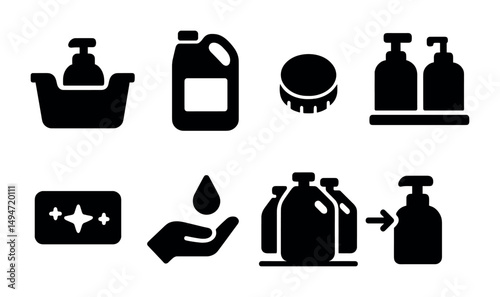 Cleaning and hygiene solid icons set – filled, sanitation, disinfecting symbols