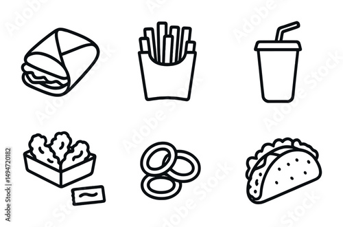Fast food outline icons set – linear, silhouette, burger and snack symbols