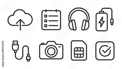 Technology and media outline icons set – line, linear, digital device symbols