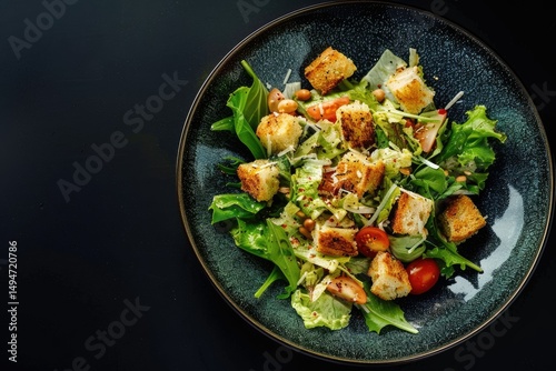 detailed color picture of Top view image of caesar salad isolated at black background