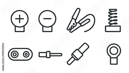 Automotive parts outline icons set – linear, vehicle and car component symbols