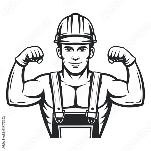 Strong Builder in Overalls and Hard Hat Flexing, Black and White Illustration                                                                         