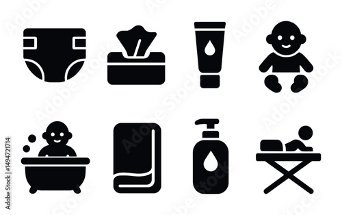 Baby care solid icons set – filled, infant and child essentials, parenting symbols