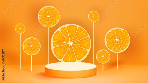 Orange slices fruit around stage podium - stylized round citrus segments arranged as flowers on sticks. Vibrant tropical appetizing for healthy diet concepts, vitamin drinks, summer party decorations.