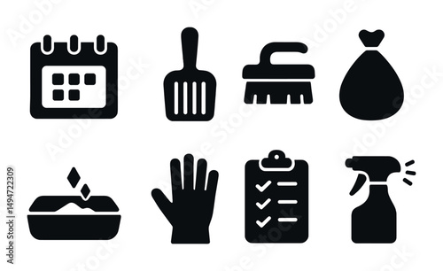 Household chores solid icons set – filled, silhouette, cleaning and home symbols