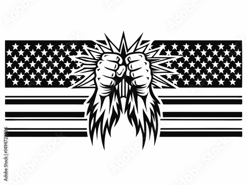 Black and White Graphic of Fists Against American Flag Stars and Stripes Pattern in Protest, Unity, or Empowerment                                    