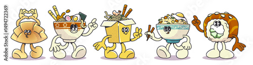 Sushi retro cartoon characters - whimsical smiling rolls and rice bowl, noodle dish and carboard box with chopsticks, funny bakery mascots with different gestures. Japanese cuisine comic personages.