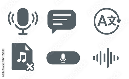 Audio and speech solid icons set – filled, communication and translation symbols