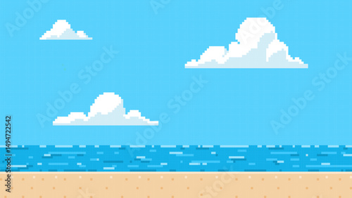 Pixel art game background with sea beach and clouds on blue sky, vector ocean horizon summer day scene 8 bit video game