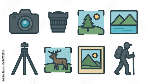 Photography and nature icons set – flat, outline, camera and hiking symbols