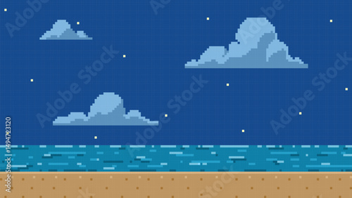 Pixel art game background with sea beach, clouds on starry sky, vector ocean horizon summer night scene 8 bit video game
