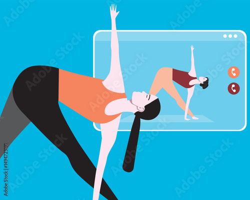Asian or Chinese woman using modern technology for wellness, Pilates for strength, flexibility, and posture, with modern training techniques, flat vector stock illustration