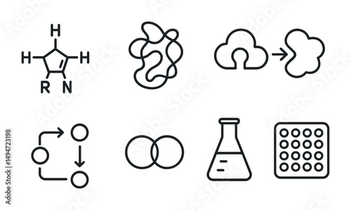 Scientific research outline icons set – linear, chemistry, biology symbols