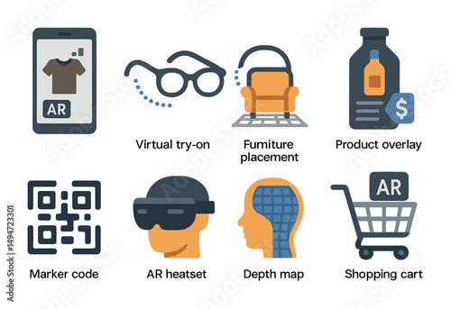 Augmented reality flat icons set – virtual, tech, innovative ar symbols