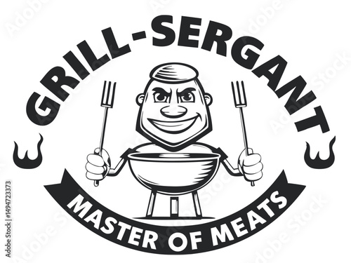 Grill-Sergeant: A cartoon caricature of a grill master holding forks and standing behind a grill, set against a white background.                     