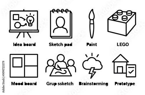 Brainstorming and design outline icons set – linear, drawing, planning symbols