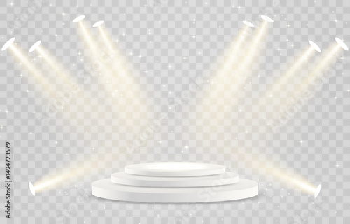 Vector 3d podium with spotlights png. Scene spotlight beams, studio lighting. Empty stage or pedestal. Podium for award ceremony, product presentation. Bright lighting with spotlights.