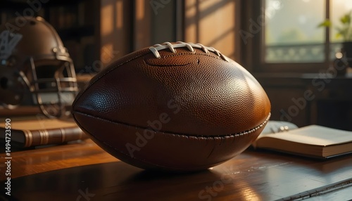 Football rests on worn wooden desk