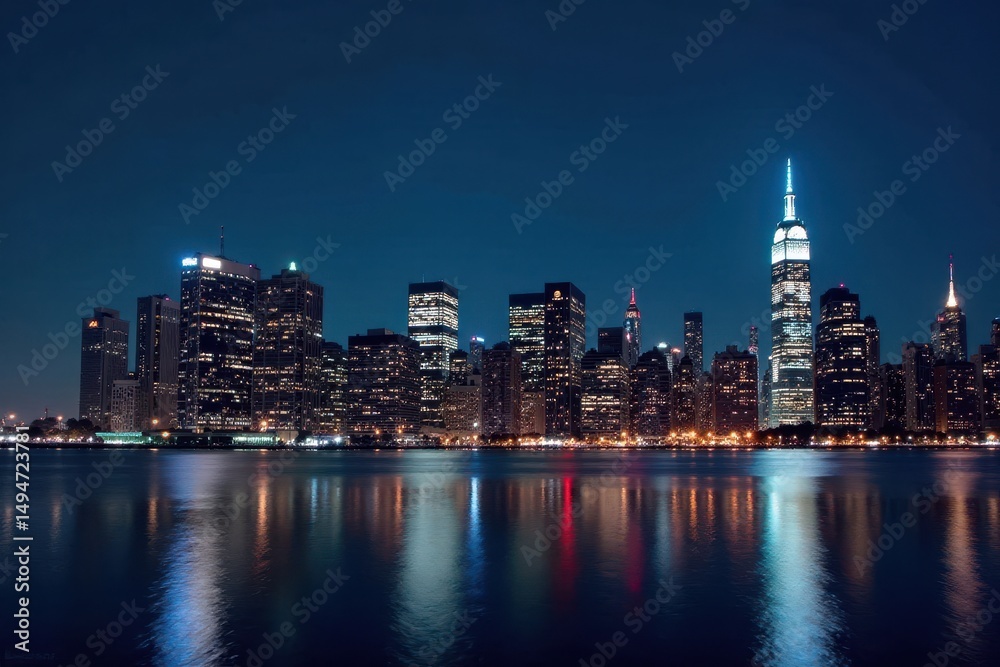 Fototapeta premium Night view of NYC skyscrapers, illuminated buildings reflecting in water , cityscape, night photography, city