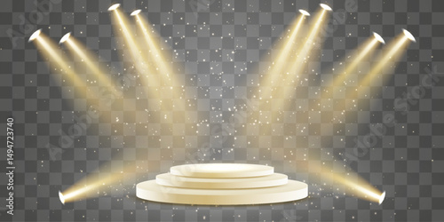 Vector 3d podium with spotlights png. Scene spotlight beams, studio lighting. Empty stage or pedestal. Podium for award ceremony, product presentation. Bright lighting with spotlights.