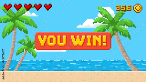 Pixel art game background with sea beach and You win message, vector ocean horizon summer day videogame coins and heart