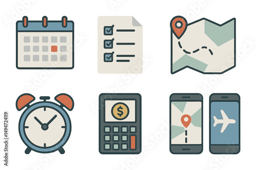 Travel and planning icons set – flat, outline, itinerary and vacation symbols