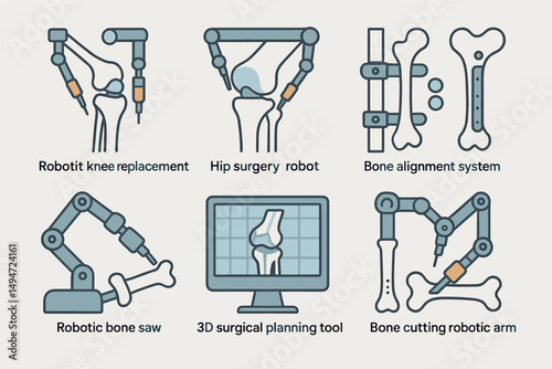 Orthopedic surgery line icons set – robotic, medical, surgery symbols