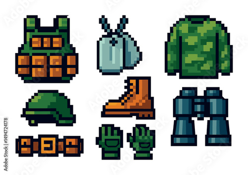 Military equipment pixel art icons set – camouflage, army, tactical gear symbols