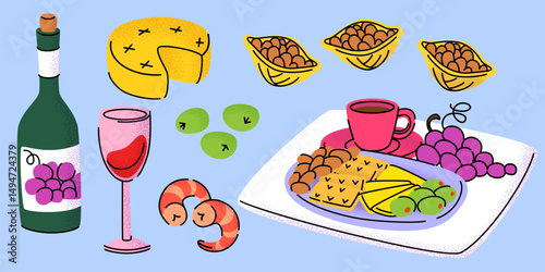 Traditional Italian cuisine food set - wine bottle and glass, cheese wheel and slices on plate, grapes and seafood shrimps. Retro doodle style drawings of dinner dish with coffee cup on plate.