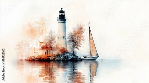 Sailboat approaching lighthouse island in misty watercolor painting