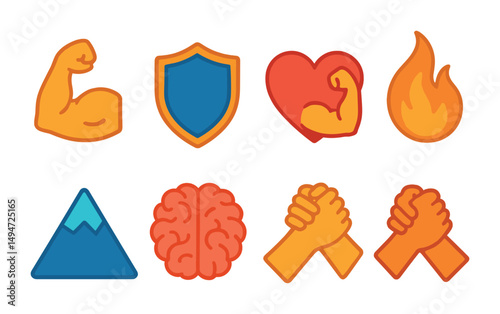 Strength and motivation icons set – flat, filled, energy and resilience symbols
