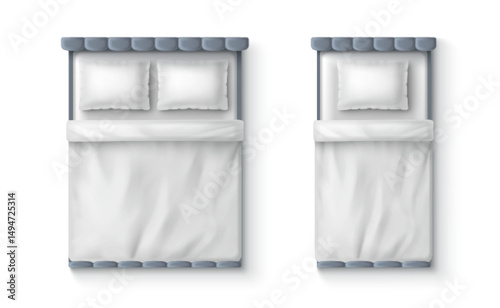 Top view of two beds - single and double with white bedding and pillows, gray headboard frame. 3d realistic bedroom furniture above for interior design, night sleeping or textile brand concept.
