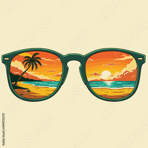Sunglasses reflecting a colorful beach sunset with palm trees  