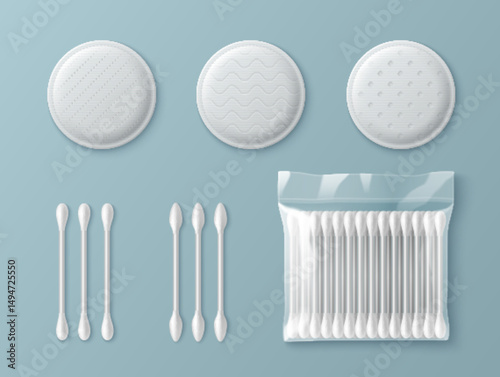 White cotton pads with waffle, zigzag, dotted embossed textures, ear swabs and plastic bag mockup. 3d realistic round cosmetic sponges, buds and clear packaging for health and skin care concept.