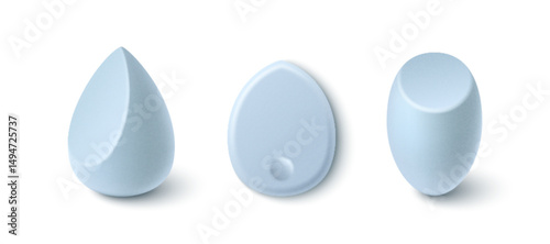 Smooth blue makeup sponges of different shapes - teardrop, egg and oval. Soft tools makeup application for blending of foundation concealer. Cosmetic applicators for professional beauty skincare.