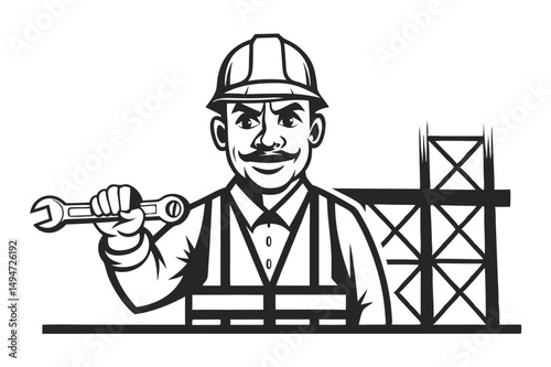 Vector Illustration: Lineman Holding Wrench near Transmission Tower                                                                                   
