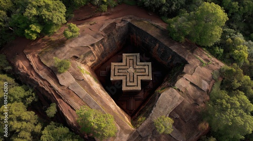 Aerial View of Bete Giyorgis:  A breathtaking aerial view reveals Bete Giyorgis, a rock-hewn church in Lalibela, Ethiopia, nestled within a square pit carved into the earth.