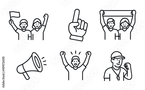 Sports and fans outline icons set – cheering, linear, athletic event symbols