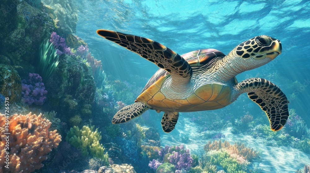 Obraz premium A hawksbill turtle swims on a coral reef in the sunlight, background wallpaper AI generated image
