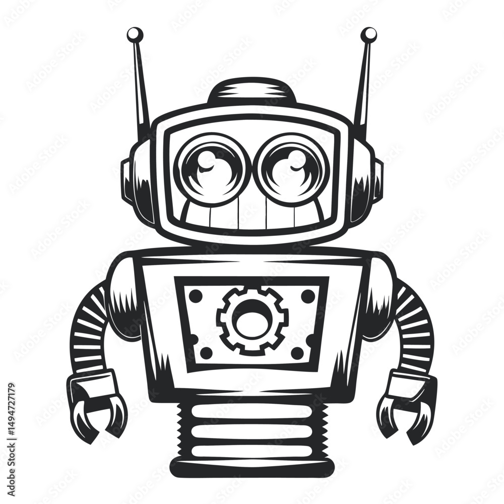 Fototapeta premium Retro Robot Illustration: Monochrome Vector Design Featuring a Gear Icon and Antennae