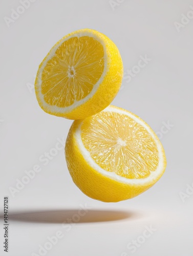 Two lemon halves, suspended in mid-air,  exhibiting vibrant yellow flesh and a distinct pith