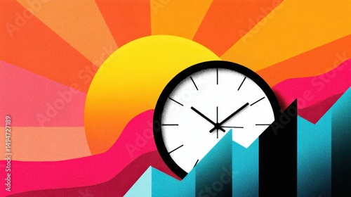 Abstract illustration of a clock against a vibrant sunset with geometric shapes representing growth