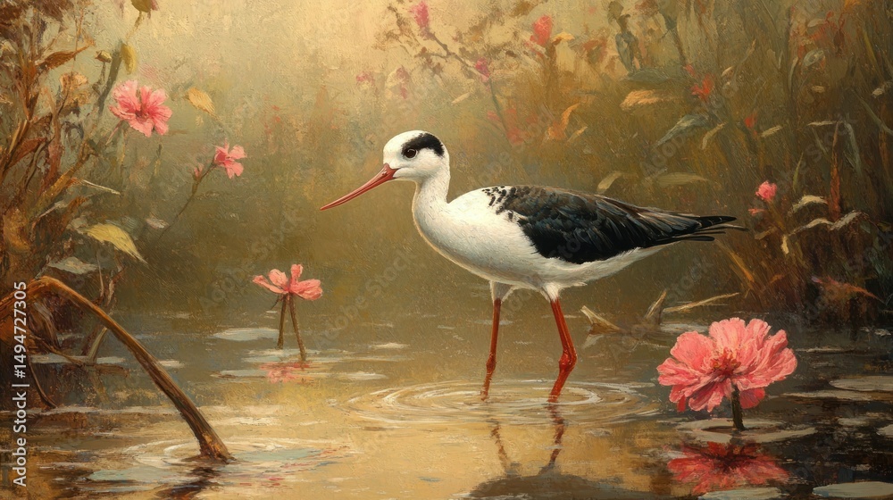 Obraz premium A black long-legged bird wades through the shallow waters of a wetland, background wallpaper AI generated image