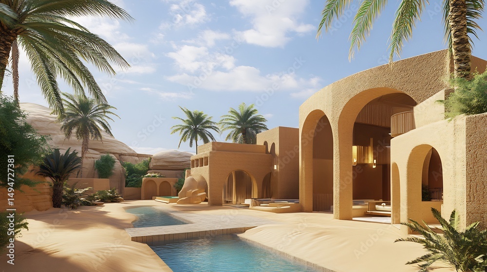 Fototapeta premium 3d printed hotel in a desert oasis featuring cooling technology and elegant sand colored walls Palm trees and pools surround the structure creating a luxurious retreat in arid terrain
