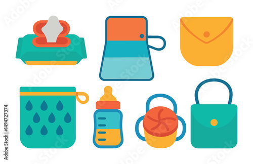 Baby care flat icons set – diaper, feeding, parenting essentials symbols