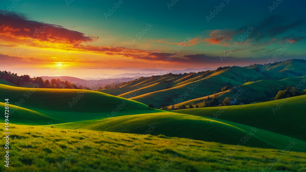 Obraz premium Panoramic green hills isolated on transparent background. Green hills landscape.